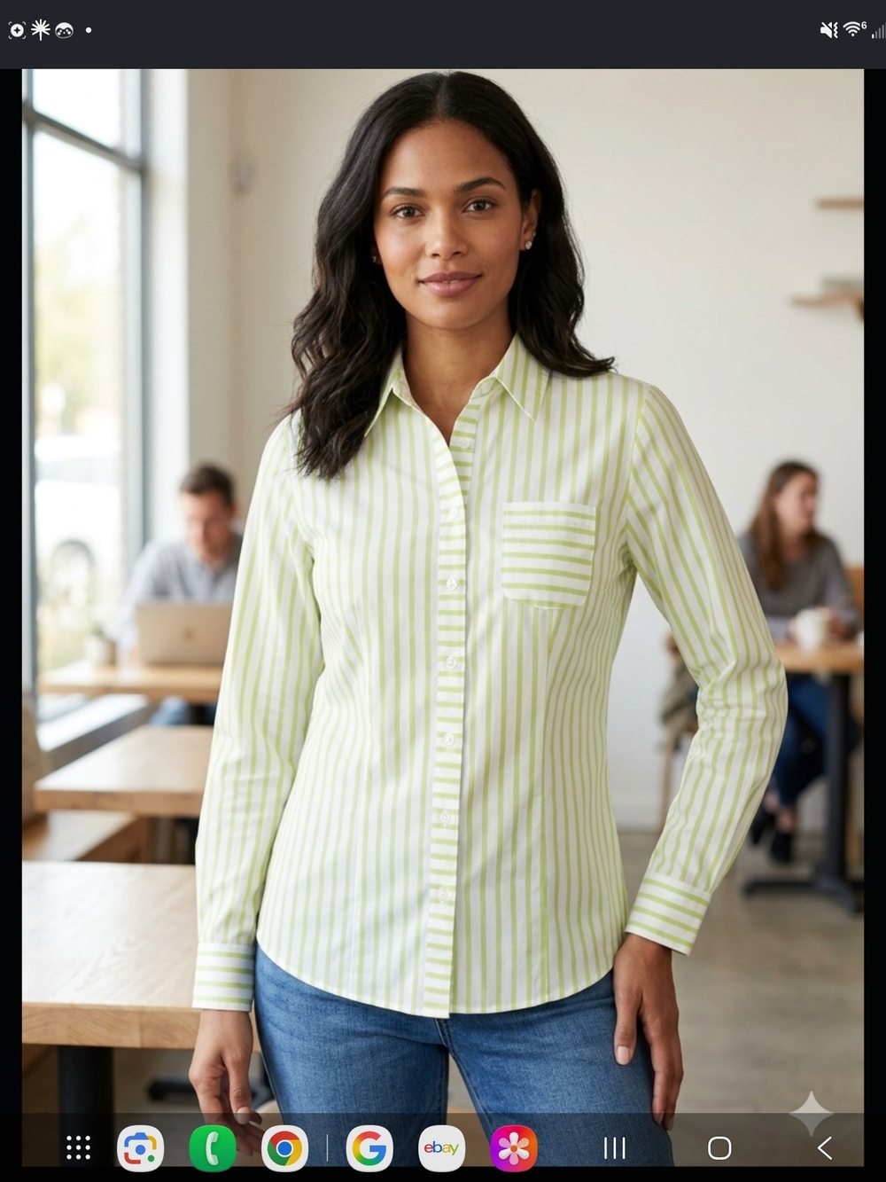 Chico's Light Green and White Striped Button-Down Shirt